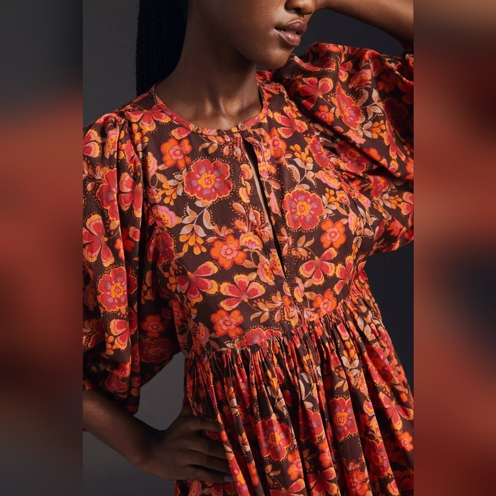 Anthropologie Sundry Boho Tunic Dress Colorful Floral Puff Dolman Sleeves XS / 0 - Picture 12 of 13